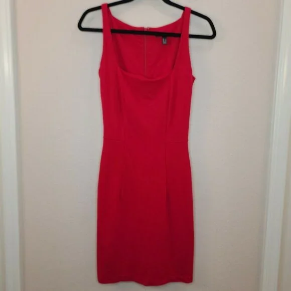 MNG Suit Dress Women XS Red Knit Fitted Sheath Square Neck Stretch Career Office - Picture 1 of 12